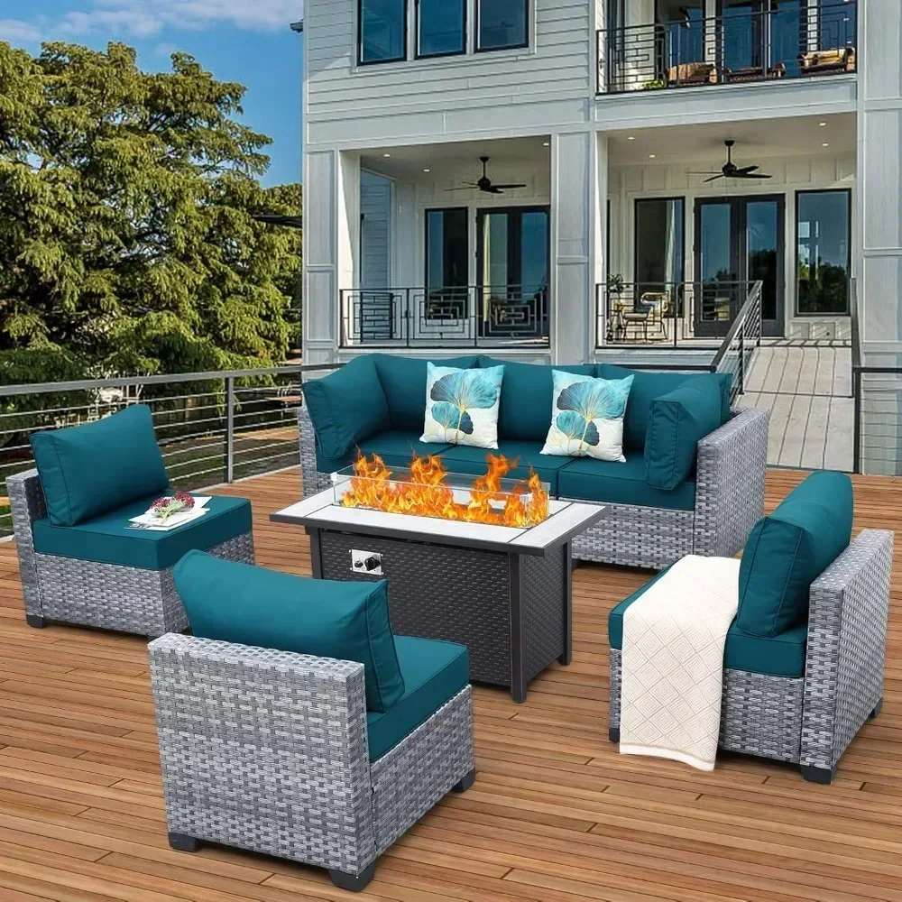 7-piece Set of Willow Terrace Furniture, PE Rattan Outdoor Segmented Sofa, Table with Fire Pit, Anti Slip Mat, and Furniture Set 3