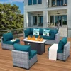 7-piece Set of Willow Terrace Furniture, PE Rattan Outdoor Segmented Sofa, Table with Fire Pit, Anti Slip Mat, and Furniture Set 3