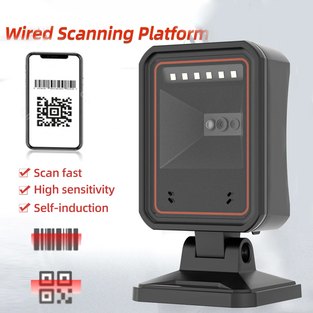 Desktop 2D Barcode Scanner USB Wired Hands-Free Omnidirectional 1D QR Bar Code Reader Scanning Platform Plug & Play