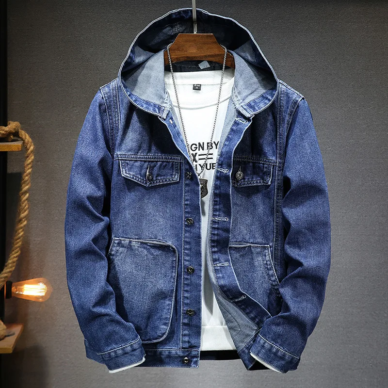 Denim Work Jackets Streetwear Men's Hooded Denim Jacket Hooded