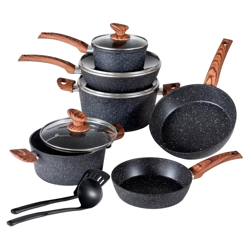 

12 Pieces Cookware Set Granite Nonstick Pots and Pans Dishwasher Safe Black