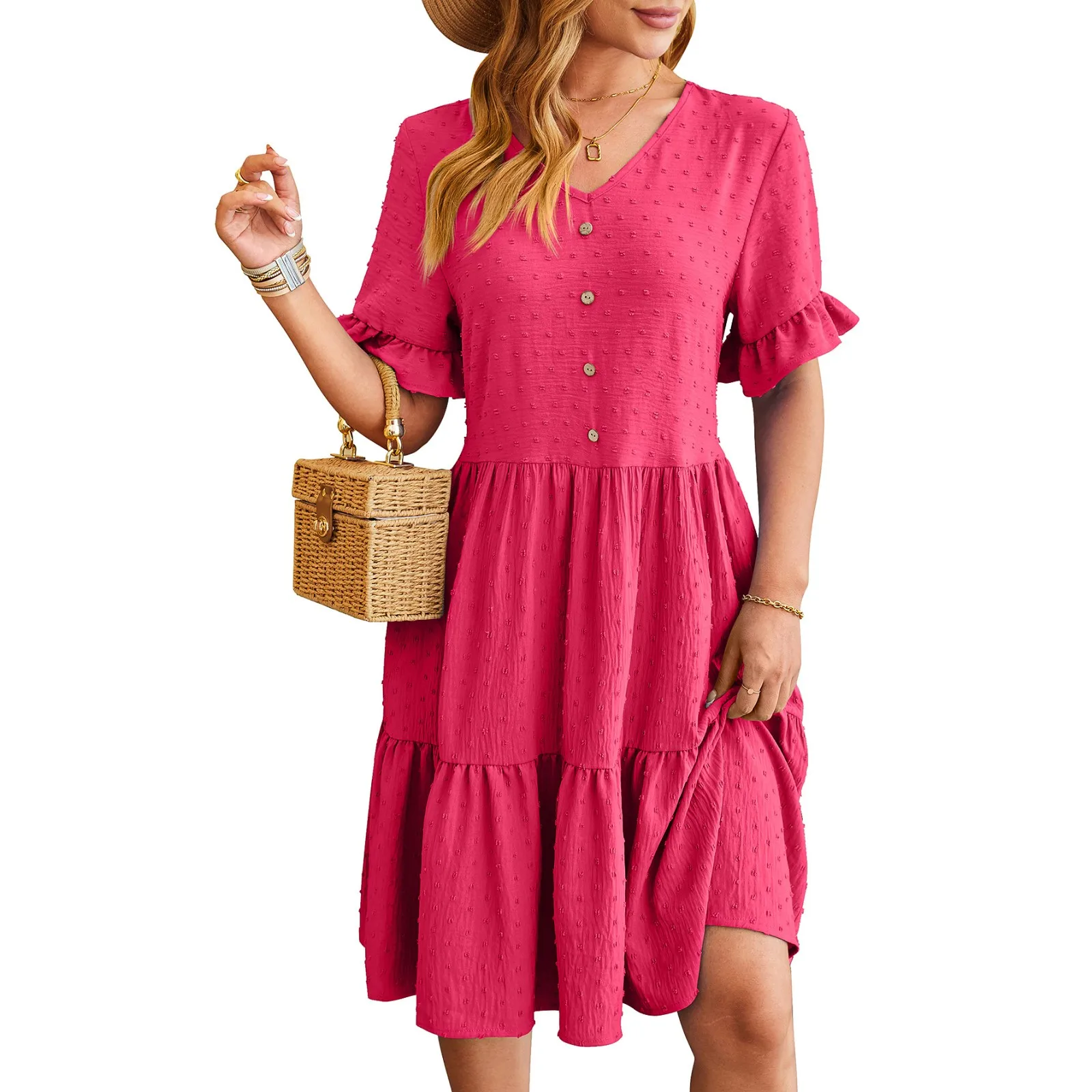 

Women'S Summer V-Neck Waist Waisted Pleated Sleeve Dresses Pullover Short Dresses Vestidos Elegantes Para Mujeres костюм женский