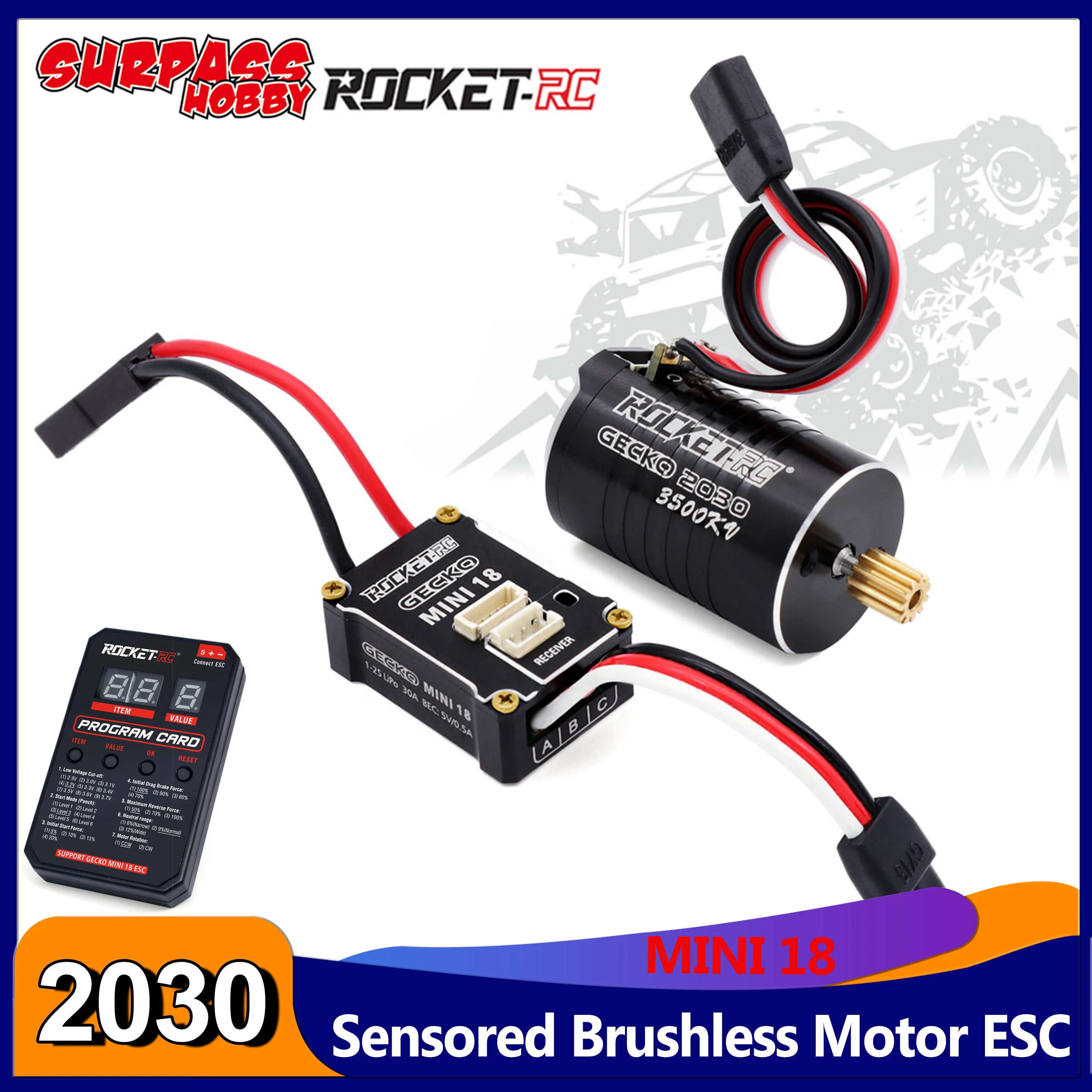 

Surpass Hobby Rocket-RC GECKO 2030 Sensored Brushless Motor with Mini18 30A ESC Program Card Combo for TR4M 1/18 Crawler RC Car