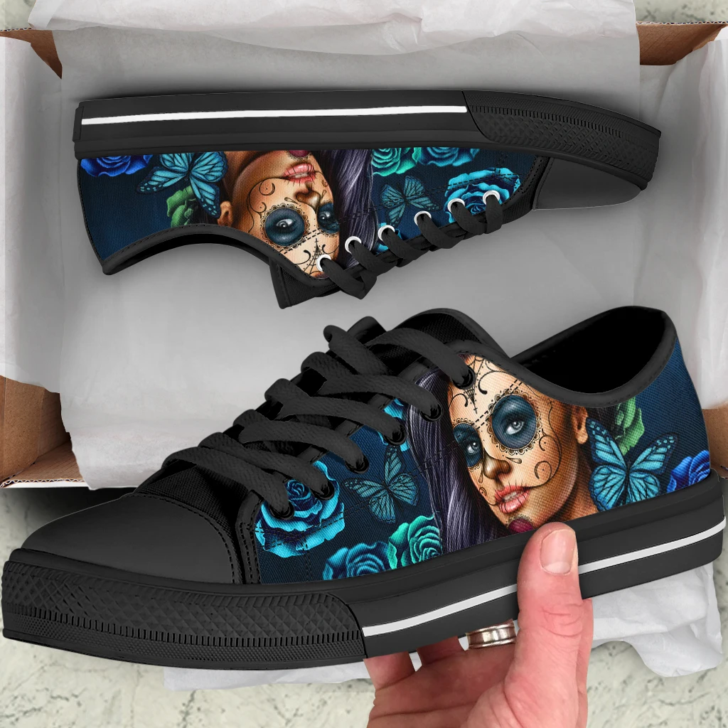 Hot Sale Purple Day Of The Dead Calavera Girl Print Canvas Shoes Lace Up Flat Autumn Breathable Vulcanized Sneakers