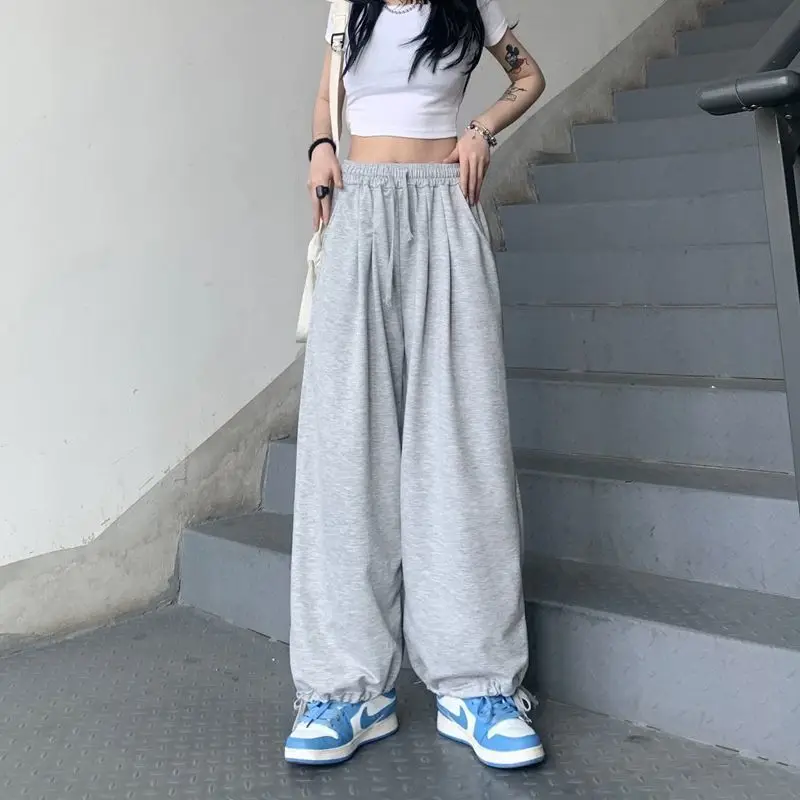QWEEK Oversized Sports Gray Sweatpants Woman's Jogger Baggy Causal Pants Jogging Korean Fashion Wide Leg Thin Trousers Summer