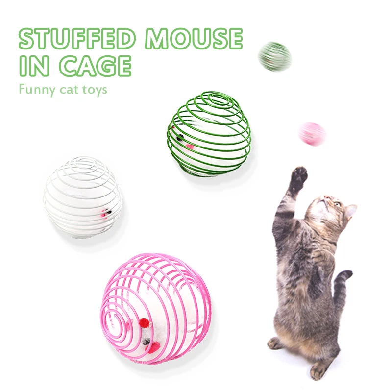 

Cat Rainbow Ball Spring Prison Cage Mouse Self-excited Telescopic Wire Spring Interactive Stick Bell Feather Color Random