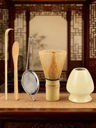 Enhanced Matcha Preparation Set - Bamboo Whisk, Tea Strainer, Scoop, Spoon, Sifter, Holder (Yellow)