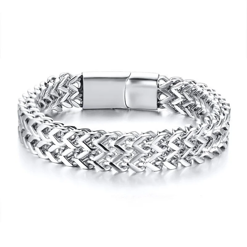 12mm Stainless Steel Men's Silver Color One Chain Double Rows Wristband Magnetic Clasp Bracelet titanium steel bracelet