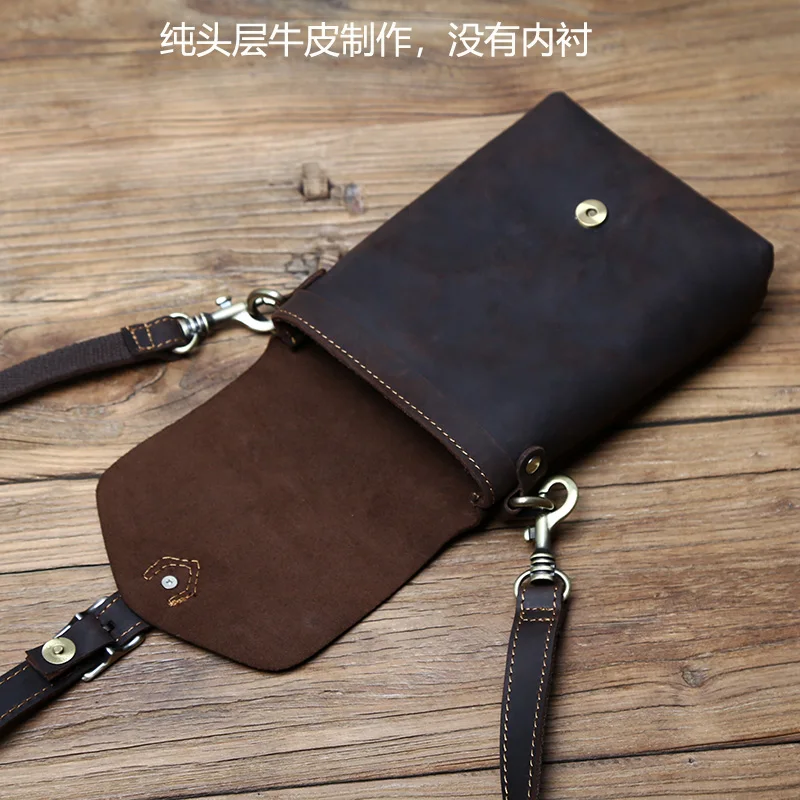 NZPJ Leather Men's Shoulder Bag Top Layer Cowhide Vertical Casual Mobile Phone Bag Crazy Horse Leather Brown Messenger Mini Bag