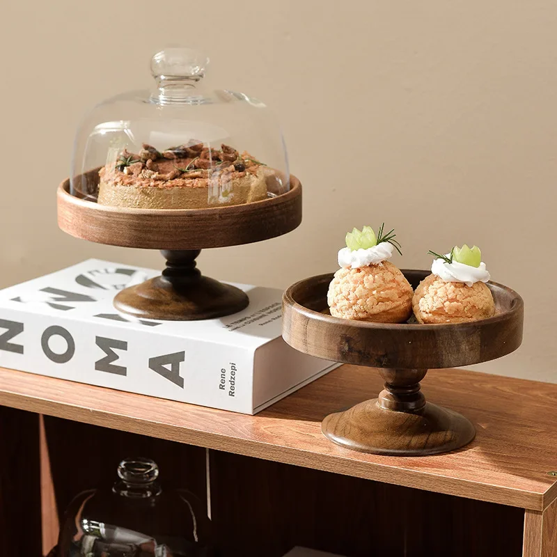 Living Room Cake Wooden Tray Acacia Wood Fruit Tray Glass Cover Dust Proof Dessert Dessert Table Fruit Storage Tray 4