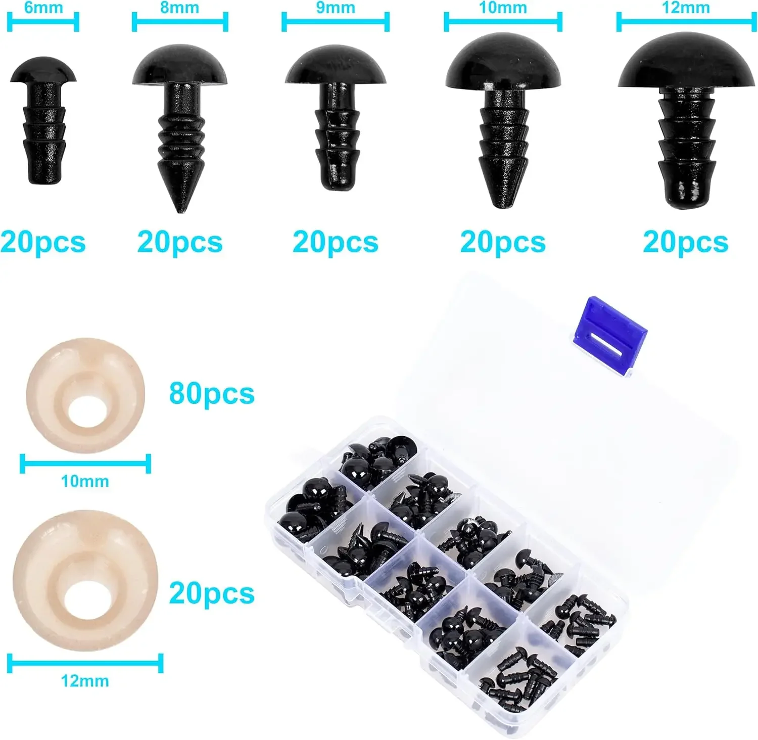 Plastic Doll Eyes 100pcs 5 Colors 6-12mm Safety Eyes With Washers for Doll Puppet Teddy Bear Plush Animal Toy DIY Crafts Making plastic safety eyes doll eyes googly doll eyes plastic toy eyes