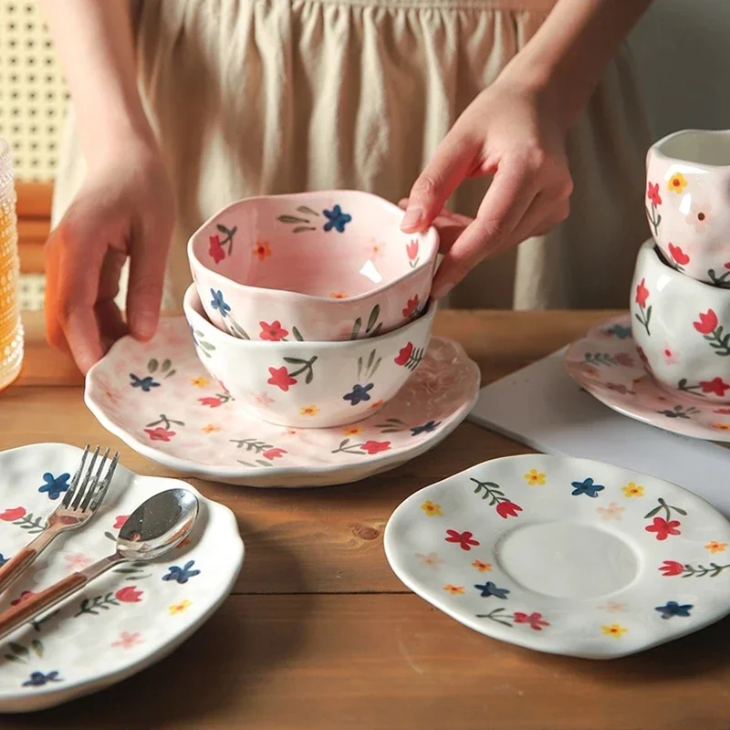 Hand-painted Ceramic Cup Saucer Dishes Irregular Dinner Plates Kitchen Household Flora Pattern Creative Gift