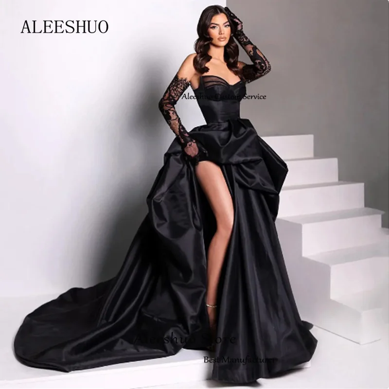 Aleeshuo Sexy Black Prom Dress Satin Sweetheart Evening Dress Saudi Arabia Side Slit Formal Ball Gown Floor Length  فستان سهرة