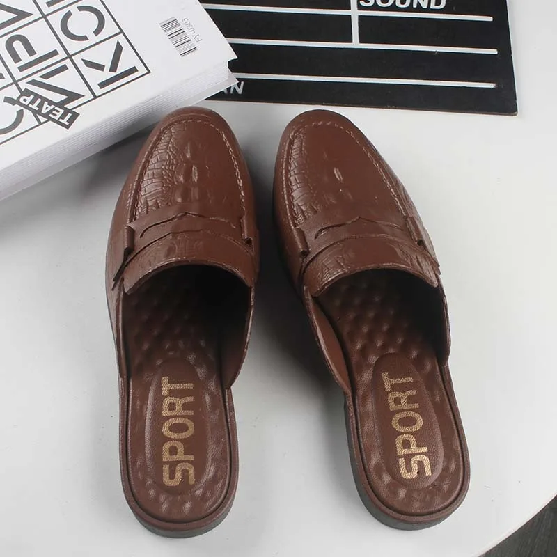 New Men's Loafers Luxury Business Half Shoes for Male Patent Leather Mules Non-slip Outdoor Summer Fashion Slippers