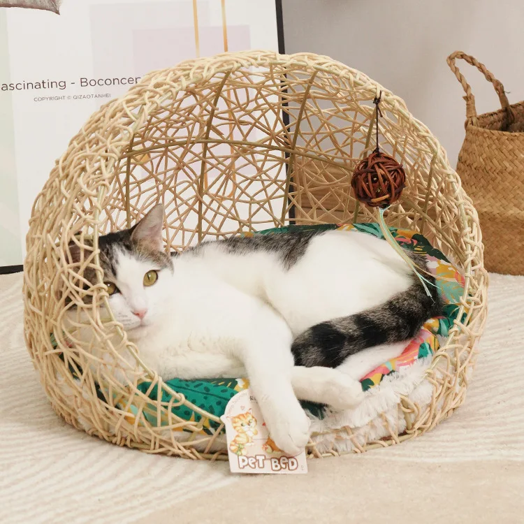 

Rattan cat kennel four seasons general semi-closed pet kennel big cat bed online celebrity woven kennel pet products wholesale