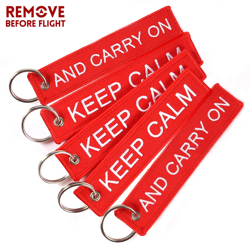 

5PCS Keep Calm And Carry On Keychain Remove Before Flight Embroidery Car Key Chain Aviation Gift Accessories Backpack Pendant