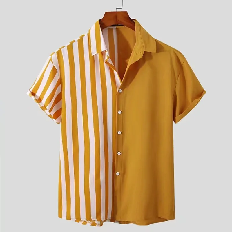Summer New Fashion Turn-down Collar Shirt Man High Street Casual Button Short Sleeve Cardigan Street Striped Printing Y2K Tops