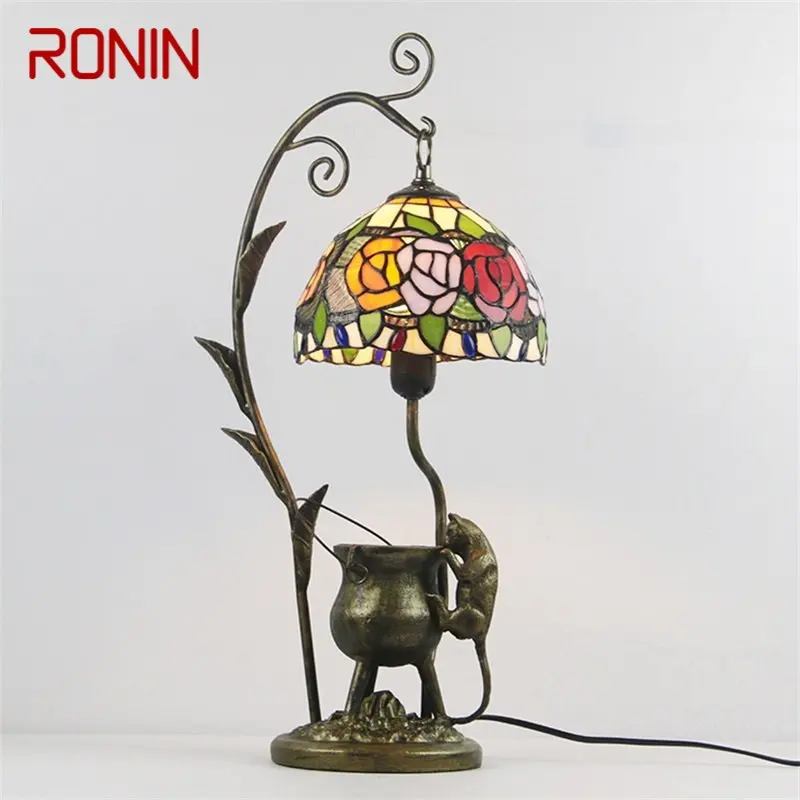 

RONIN Tiffany Glass Table Light LED Creative Resin Bedside Desk Lamp Flower Shape Lampshade For Home Living Room Bedroom