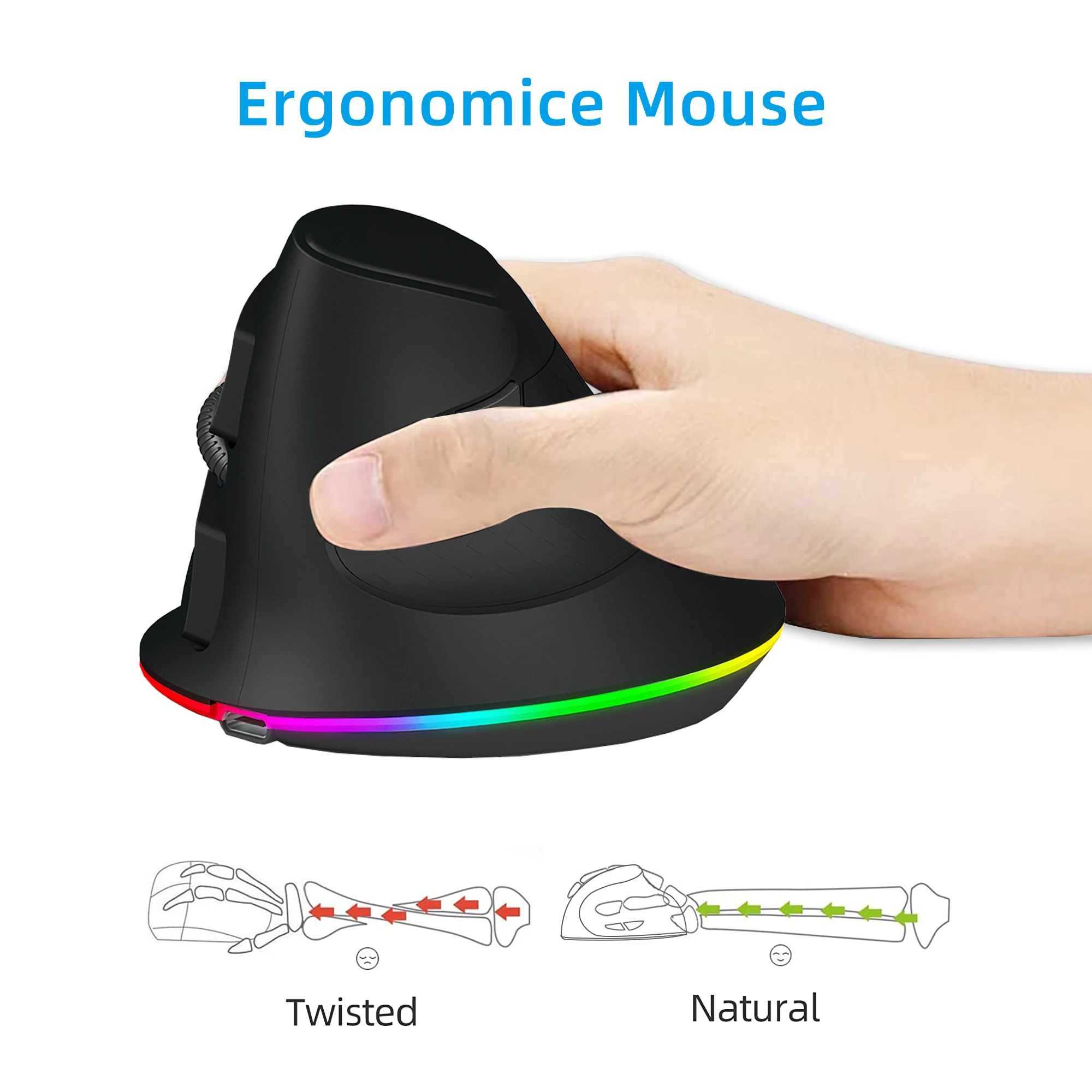 Dual Modes Wireless Mouse 2.4G USB  Bluetooth 5.1 LED Battery Ergonomics Vertical Mouse With Backlight For Tablet PC Laptop