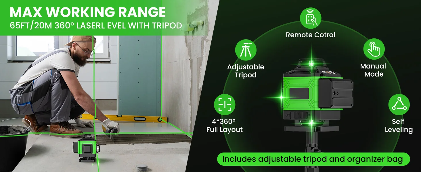 4D 16-Linien-Grünlaser 3x360 ° Selbstnivellierend ±1/9" Genauigkeit IP54 USB wiederaufladbar mit Stativbasis und Gehäuse – Detail 1