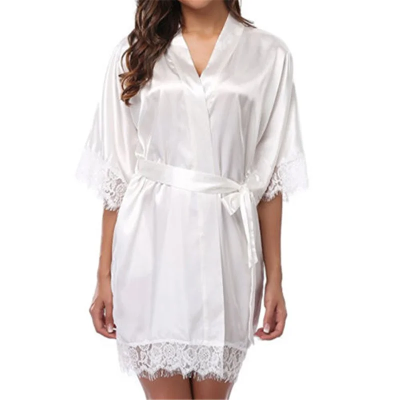 Women Sexy Silk Satin Poplin Lace Robes for Wedding Bridesmaid Bride