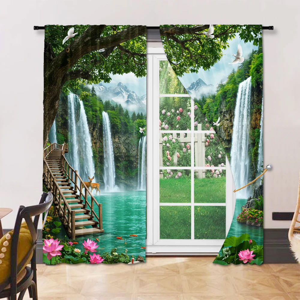 2pc, Party Window Curtains Forest waterfall pattern Fabric,Without Electricity Birthday Party Applies to aesthetic room decor 6