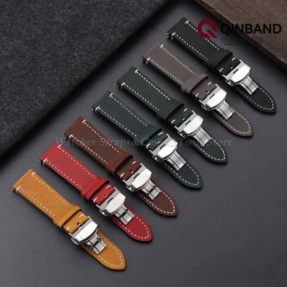 Elegant Butterfly Buckle Genuine Calfskin Leather Watch Strap - Black and Brown Options