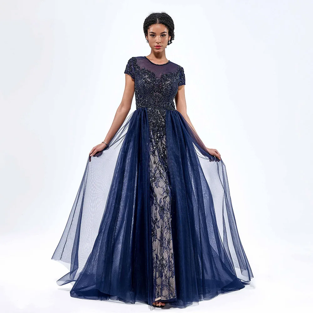 

Sexy Diamonds Rhinestones Mermaid Dark Blue Evening Prom Dresses with Skirt فساتين للحفلات الراقصة robes de soirée Roycebridal
