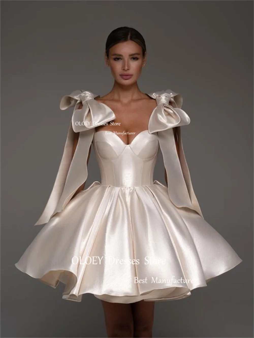 Evening dresses Cocktail dress OLOEY Sexy Sweetheart Mini Prom Cocktail Dresses Ribbon Bow Sleeves Pleated Satin Evening Dress Wedding Party Dress