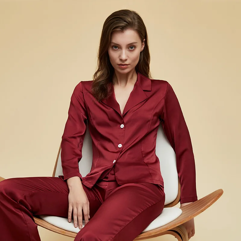 

Female Pajamas Spring Sutumn Sleepwear 2PCS Shirt&Pant Burgundy Solid Long Sleeve Trouser Suits Loose Silk Satin Home Wear