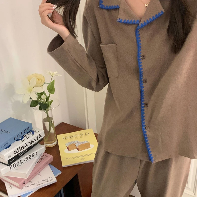 New Autumn Long Sleeve and Pants Women's Pajama Set Simple Mesh Design Can Be Worn Outside the Homewear Comfortable and Soft