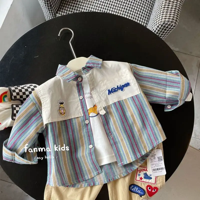 Toddler Boys Spring Autumn Striped Shirt New Children's Fake Two Piece PATCHWORK Top Baby Summer Shirt Children's Clothing