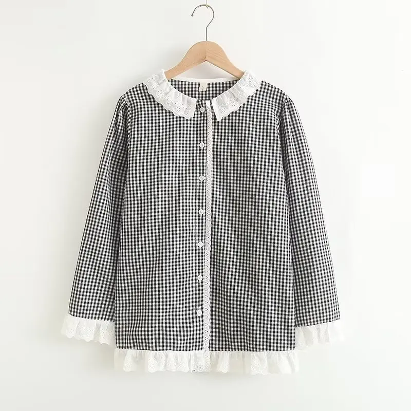 

Kawaii Lace Turn Down Collar Long Sleeve Blouse Women Lolita Spring Autumn Teen Girls Babydoll Tops Cotton Plaid Shirt chemisier