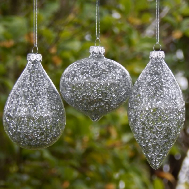 

6pcs/pack Different Shape Silver Chips Glass Pendant Christmas Day Hanging Globe Onion Cone Handmade Festival Hanger Ornament