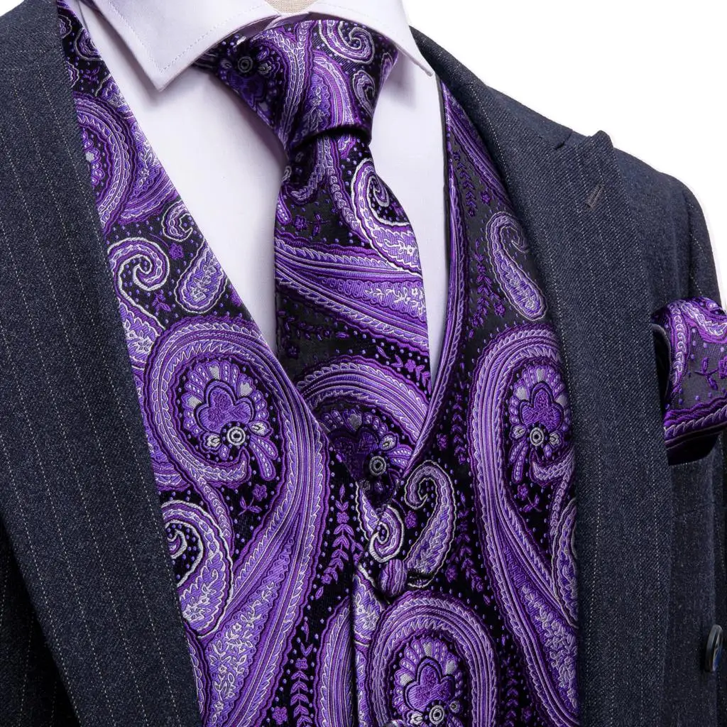 

Elegant Vest Suit for Men Gilet Tie Set Silk Purple Black Paisley Formal Wedding Dress Waistcoat Sleeveless Steampunk Barry Wang