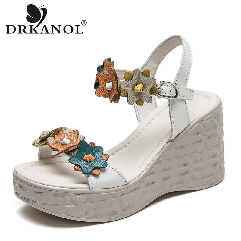 

DRKANOL 2024 Summer Sandals Women Height Increasing Wedges Heel Buckle Strap Platform Sandals Lady Genuine Leather Flowers Shoes