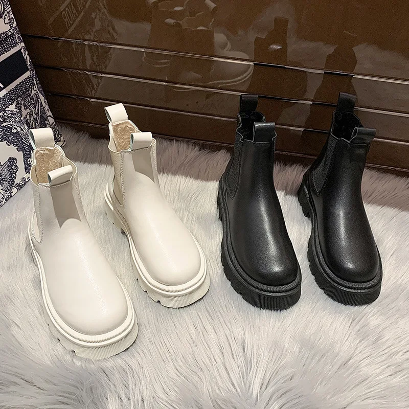 Autumn Winter Chelsea Boots Women Platform Brown Black Beige White Ankle Boots For Women Fur Short Chunky Punk Gothic Shoes - Women's Boots - AliExpress