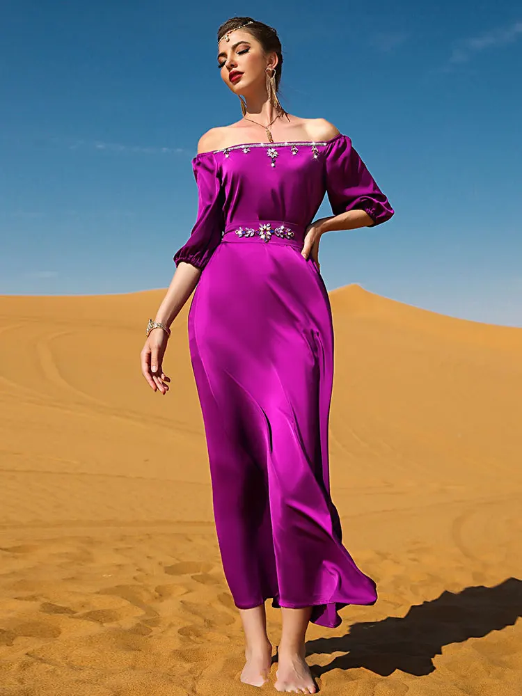 Party Dresses Women Satin Handsewn Rhinestones Elegant Muslim Evening Long Dress Gulf Jalabiya Dubai Turkey Abaya Fuchsia Kaftan
