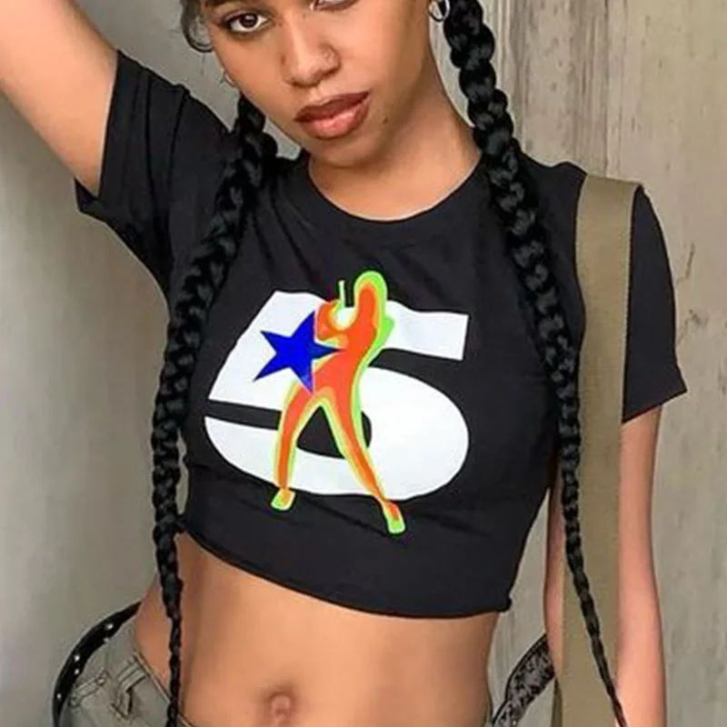 Y2K Summer Digital Printed Women's Top Street Trend Slim Fit Open Navel T-shirt for Women