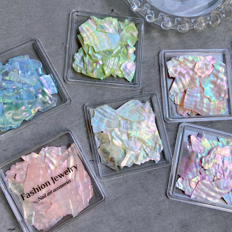 Ultradünne große natürliche Abalone-Unregelmäßige Aurora-Muschelscheiben, Nagelkunst-Dekorationen, DIY-Maniküre-Zubehör, 1 Box – Detail 3