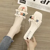 Zapatillas Frías Mujer Verano Nuevo Estilo Francés Transparente Cuentas Plisadas Con Arrastre Fresco De Playa En Cristal - Image 6