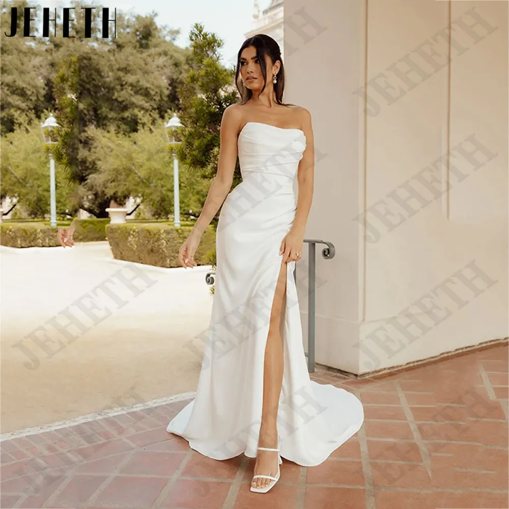 

JEHETH Strapless Satin Mermaid Wedding Dresses Sleeveless Backless Bride Gowns Side Slit Custom Made vestido de noiva casamento