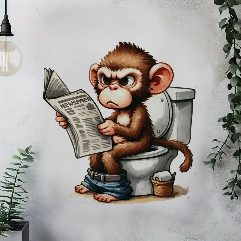 Cartoon Monkey Sitting on the Toilet Reading a Newspaper Sticker Toilet Lid Decal Apply for Wall Bathroom Cabinet Door etc