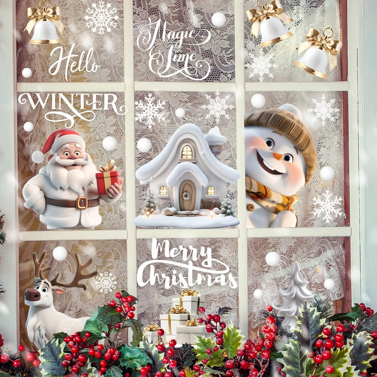 Reindeer Penguin Snowman Santa Sleigh Static Cling Sticker Multi-Element Double-Sided Window Decal for Christmas Decor