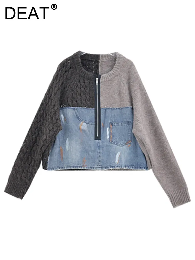 

DEAT Women's Knit Sweater Spliced Zipper Spliced Graffiti Printed Contrast Color Cool Pullover 2023 Autumn New Fashion 29L4161