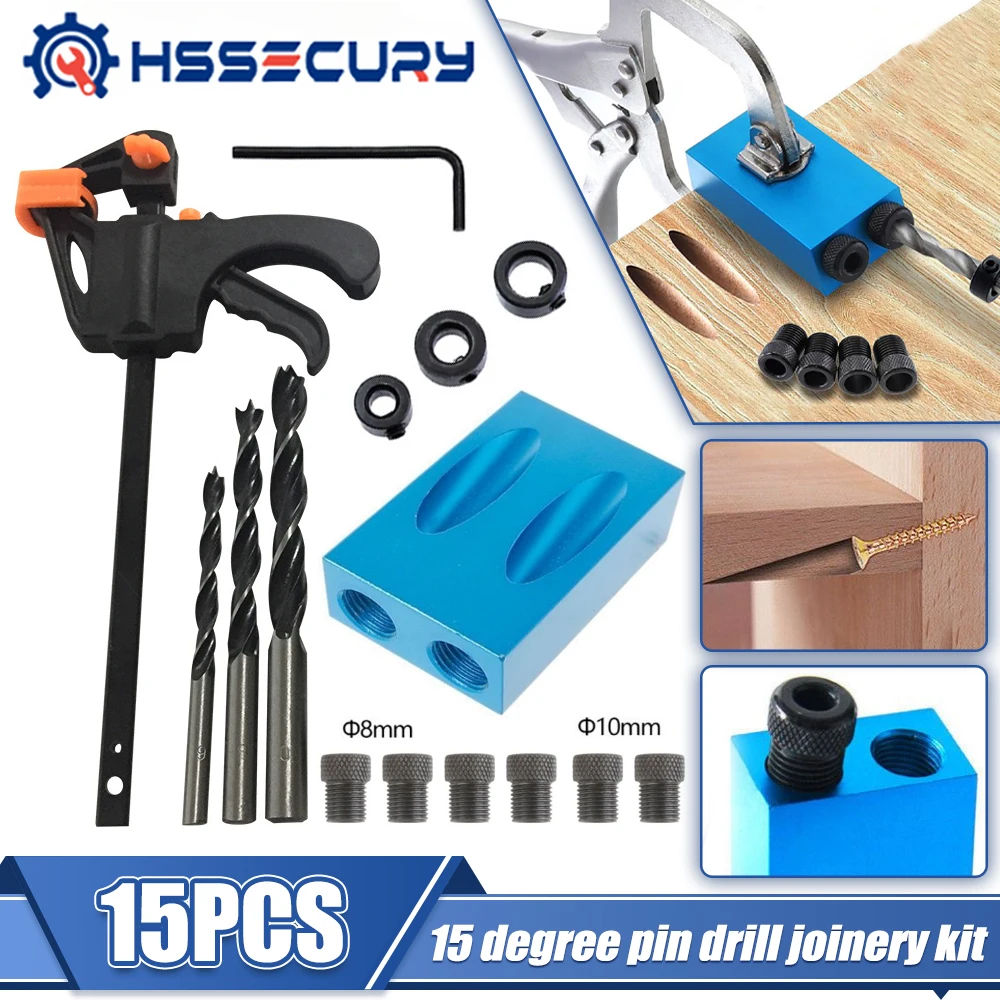Pocket Hole Jig Kit 15 Degrees Dowel Drill Bits Joinery Jig Kit