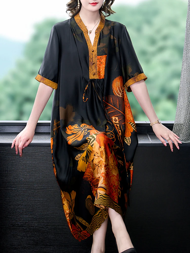 

Women New Silk Luxury Elegant Loose Midi Dress 2024 Summer Floral Print Casual Chic Dress Black Vintage Satin Night Party Dress