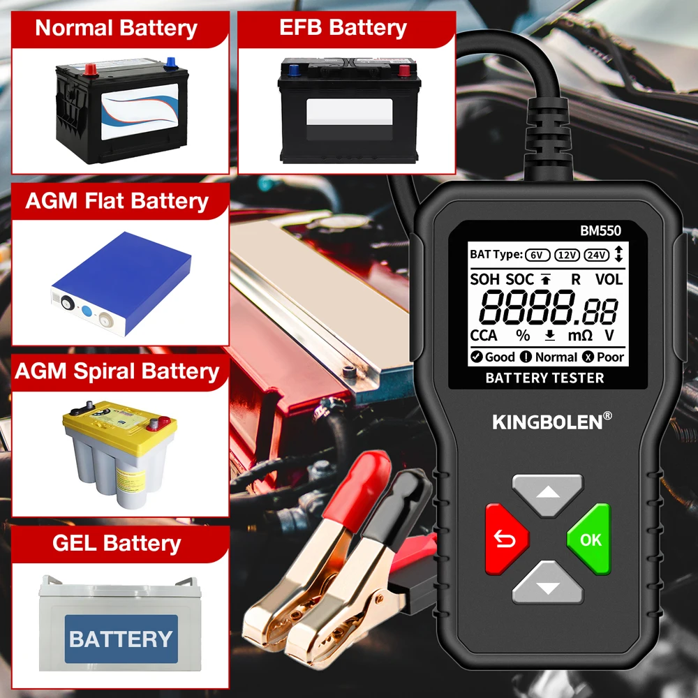 KINGBOLEN BM550 Auto Car Battery Tester 6V 12V 24V 100-2000 CCA Battery  System Detect Battery Analyzer Car Battery Tool PK KW208 - AliExpress