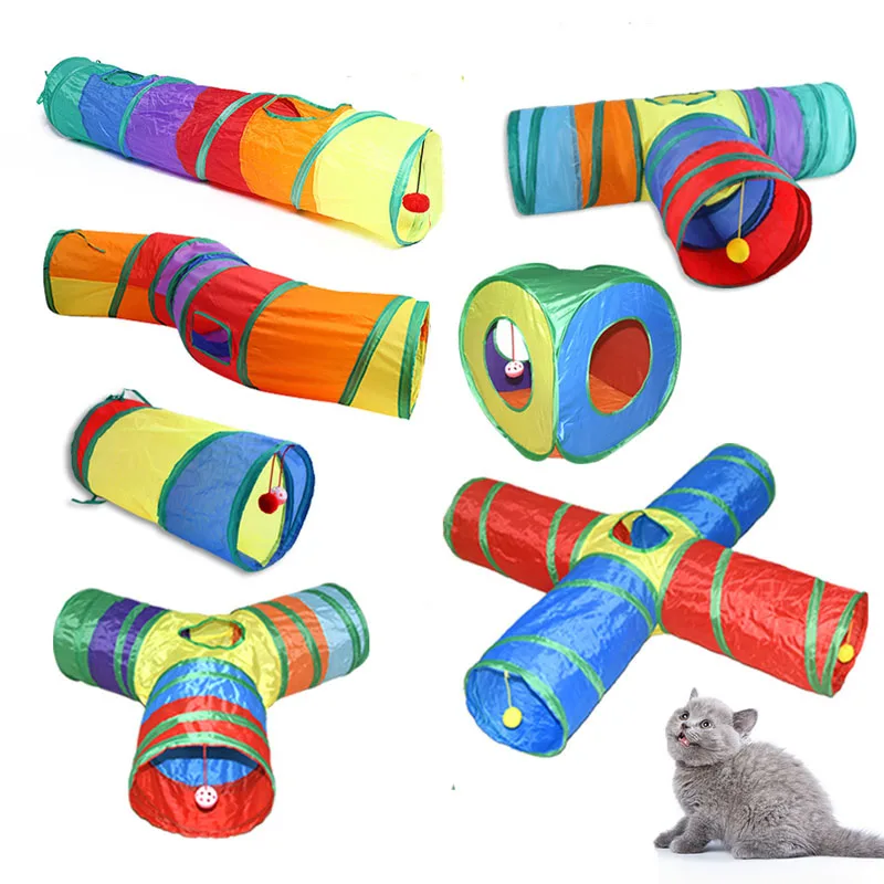 Funny Cat Toys Rainbow Color Foldable Cat Tunnel Indoor Kitten Interactive Play Channel Hanging Bell Plush Ball Pet Supplies
