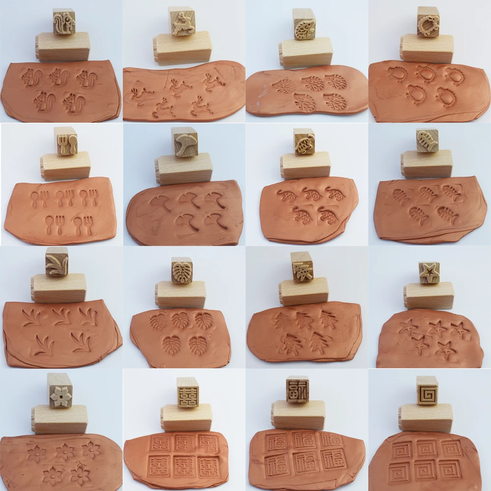 More Pattern Stamps for Clay Cute Flower Leaf Animal Texture Emboss Seal Wooden Block Pottery Stamps Ceramic Polymer Clay Tool